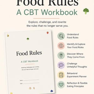 May include: A white workbook titled Food Rules: A CBT Workbook with a cream cover featuring small fruit and vegetable illustrations. The page includes sections for name and date, alongside a list of features like Understand Food Rules and Behavioural Experiment Planner. The bottom indicates an instant download 7-page printable PDF.