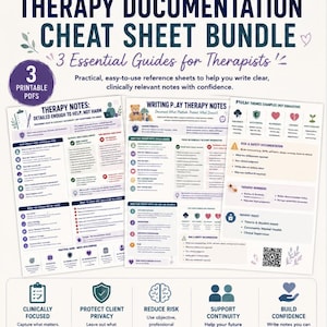 May include: A therapy documentation cheat sheet bundle featuring three printable PDF guides. The documents include text headers like Therapy Notes, Writing Play Therapy Notes, and Play Themes Examples, with icons, checklists, and clinical guidance.