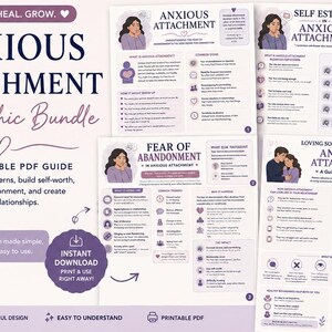 May include: A four-page printable PDF infographic bundle titled Anxious Attachment. The pages feature illustrations of people, text sections explaining attachment styles, fear of abandonment, self-esteem, and relationship guidance in purple and white.