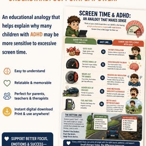 May include: An educational infographic titled Screen Time & ADHD: An Analogy That Makes Sense. It uses a car metaphor to explain the impact of screen time on children, featuring illustrations of a child, a brain, car parts, and a road.