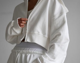 White zip-up women cotton hoodie