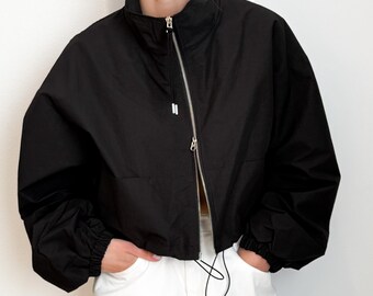 Funnel Neck Oversized Black Bomber Track Jacket: Unisex Relaxed Fit