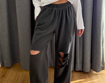 Ripped Oversized Pants: Wide Leg Cotton Trousers with Elastic Waist