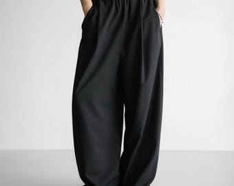 Oversized Black Wide Leg Pants: Elastic Waist Trousers