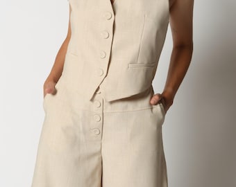 Beige Bermuda Shorts Set: Sleeveless Vest, Summer Suit, V-Neck, Open Back