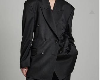 Oversized Double Breasted Black Blazer - Italian Wool Blend