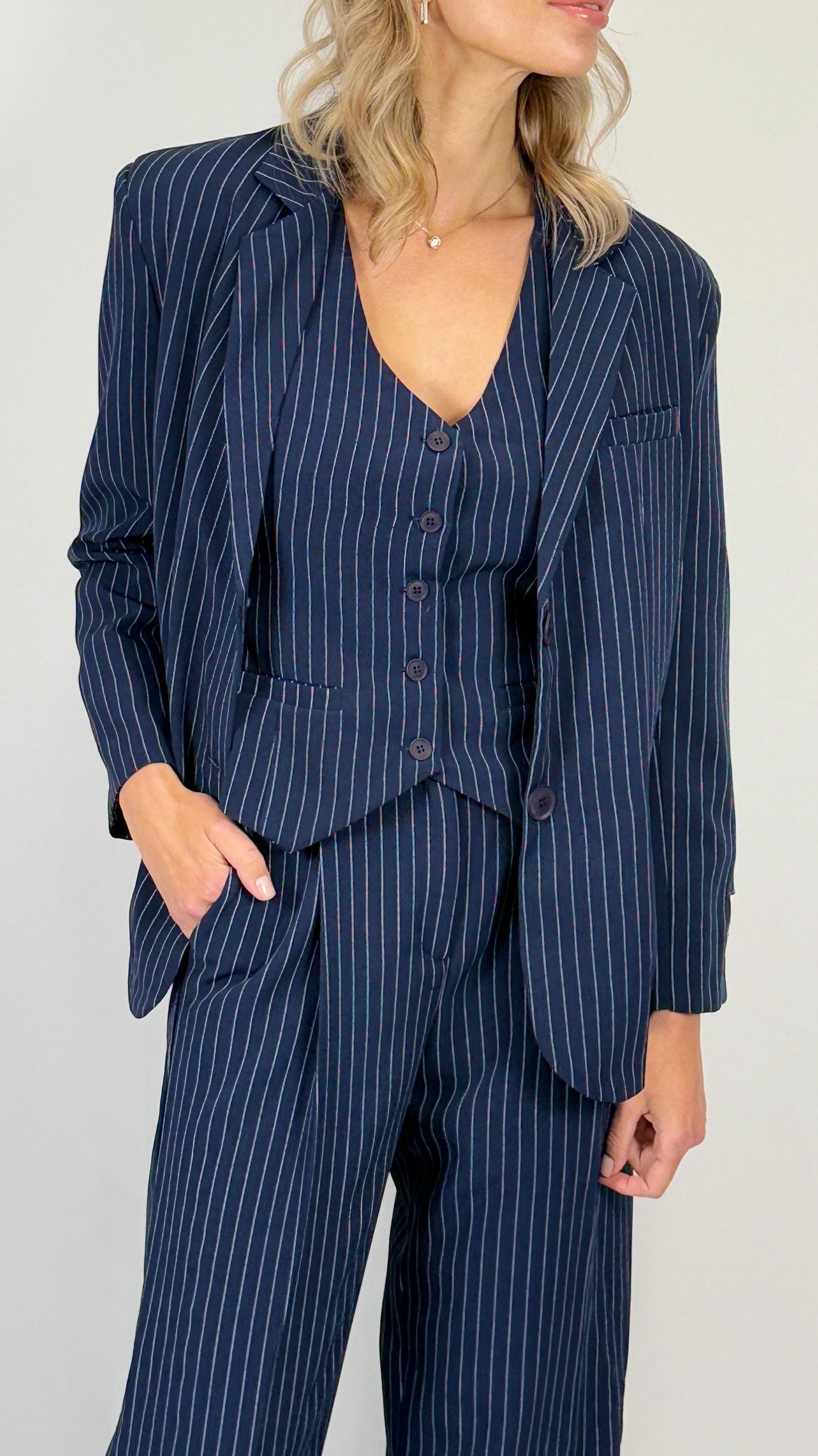 Navy Pinstripe Women's Suit Blazer, Vest & Elastic Waist Pants Etsy — free download