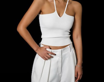 White Knitted Cotton Top: Oversized Women's T-Shirt (XS-M)