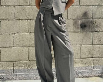 Gray Peplum Top Wide Leg Trousers Set: Pleated Wool Blend Suit