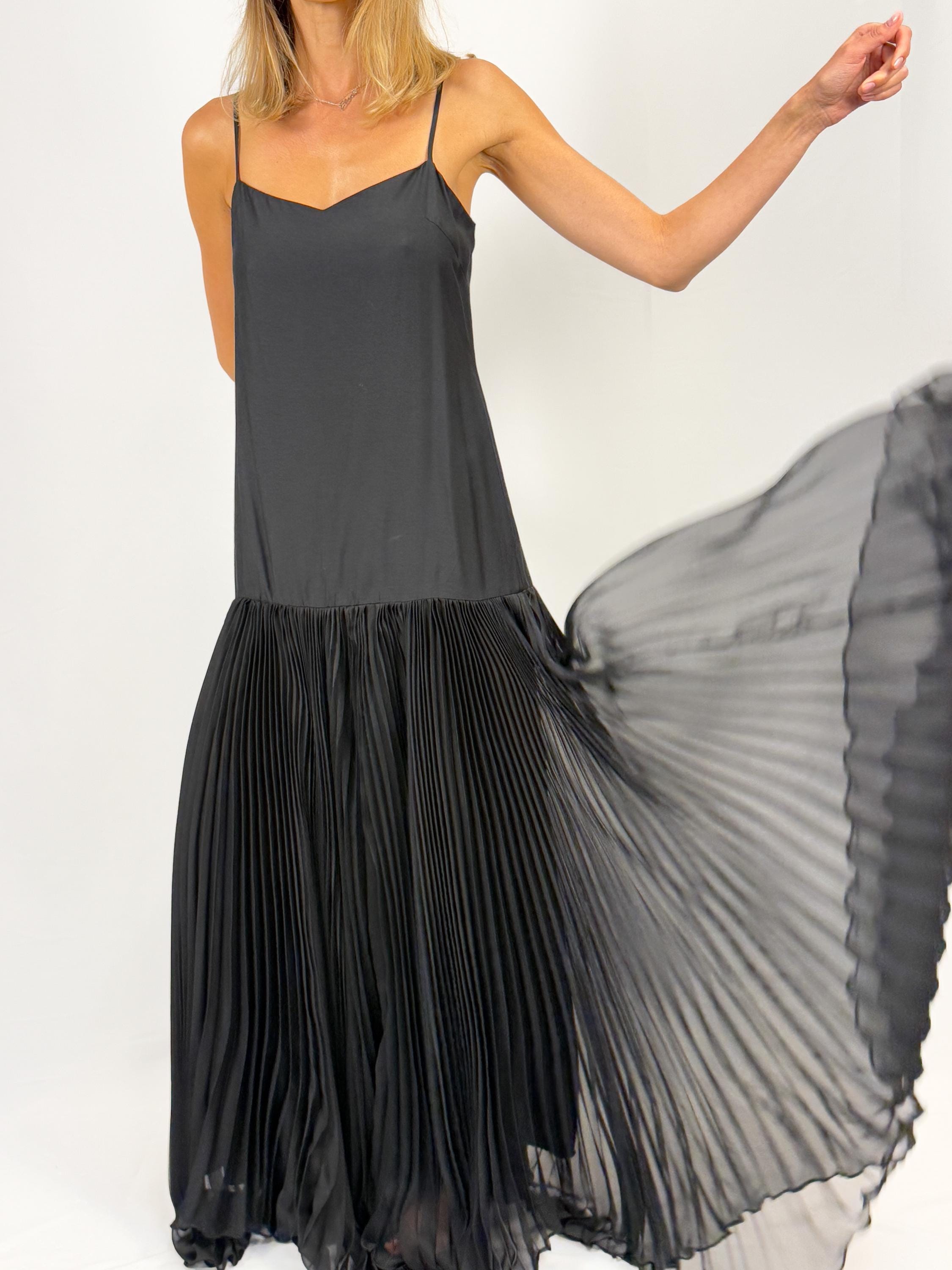Black Pleated Maxi Dress: Cotton Blend, Fits XS-M