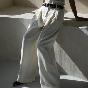 Double pleat belted white pants pleated white pants women suit women&#39;s trouser summer women wide leg pants. Summer trousers