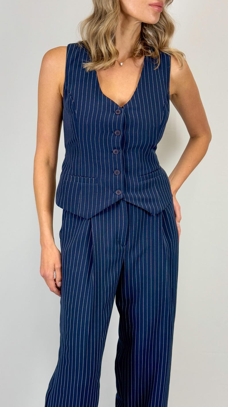 Pinstripe Tailored Blazer & Skirt Set - Navy Blue