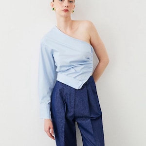 One shoulder women blue shirt cotton. Off shoulder t-shirt tee. Cotton blue women shirt. Unusual shirt for women. Blue shirt t-shirt blouses