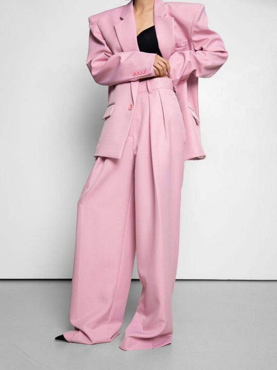 Pink Wide Leg Pleated Pants: Women's High Waist Trousers