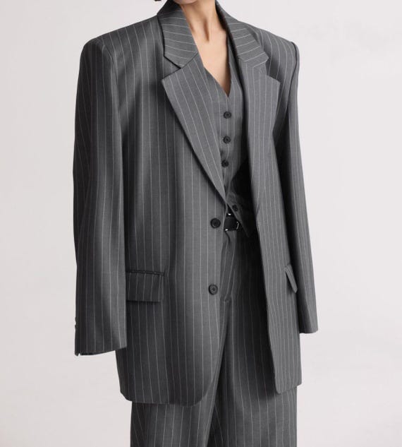 Pinstripe Oversized Blazer: Gray Women's Suit Jacket