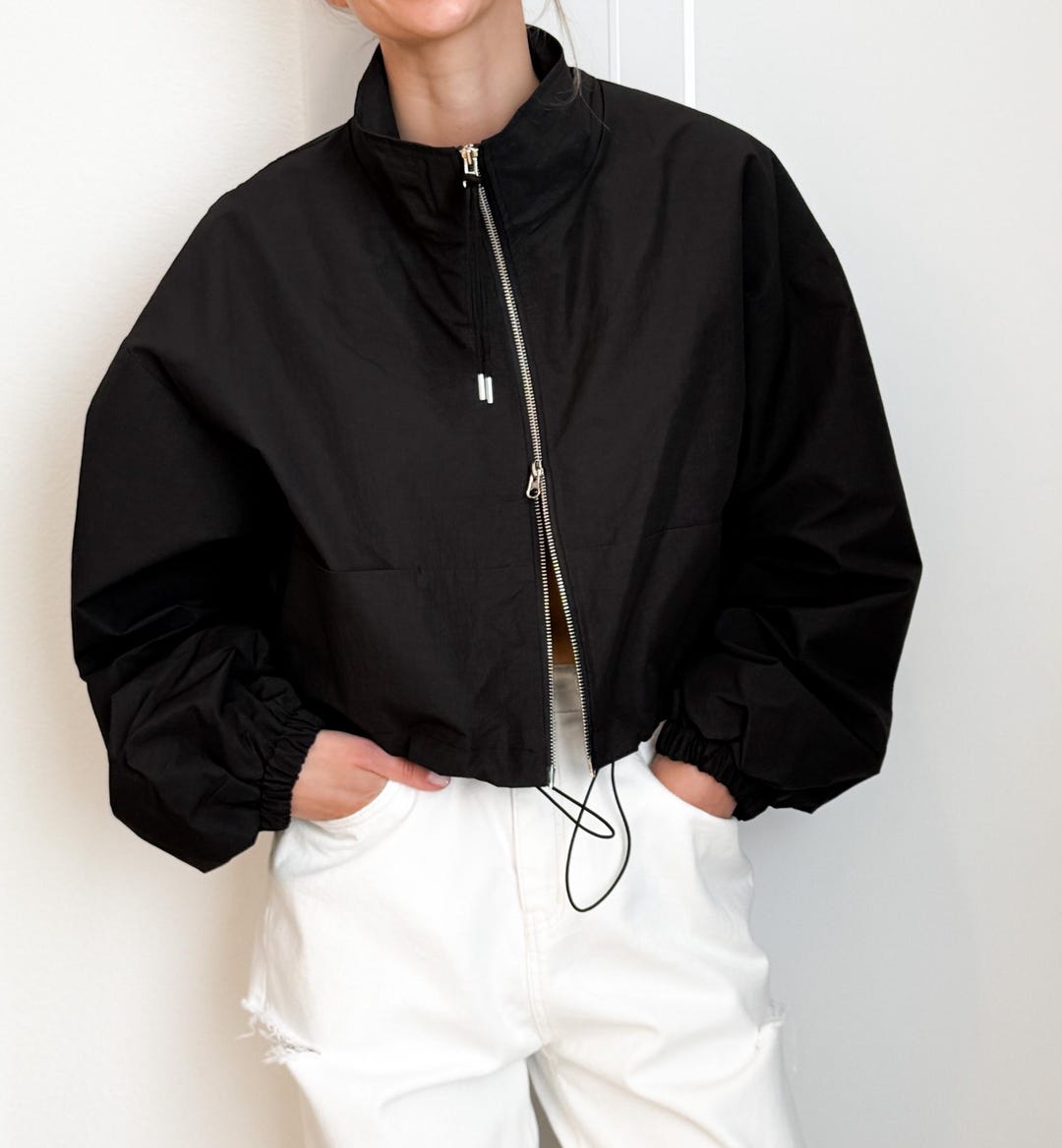 Women's Textured Black Bomber Jacket with Zip Detail