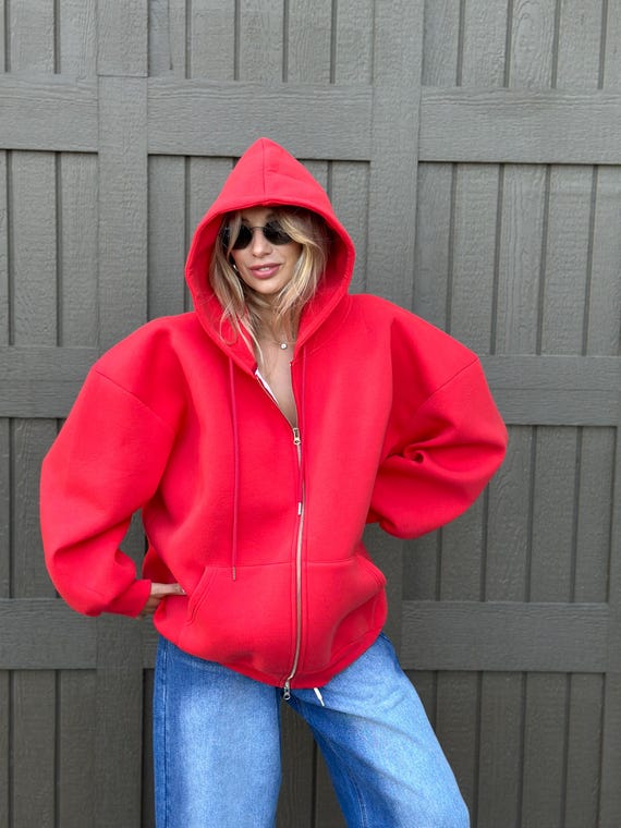 Red Oversized Zip-up Hoodie: Midweight Cotton Unisex Jacket - Etsy