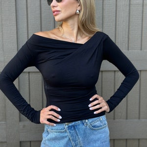 Black Off-Shoulder Cotton Long Sleeve Top (XS-S)