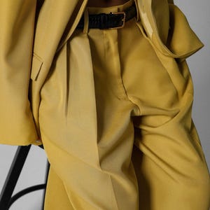 Double pleat belted yellow pants pleated yellow pants women suit women&#39;s trouser summer women wide leg pants. Women suit trousers