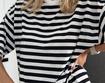 Striped Cotton T-Shirt: Black and White Fall Graphic Top