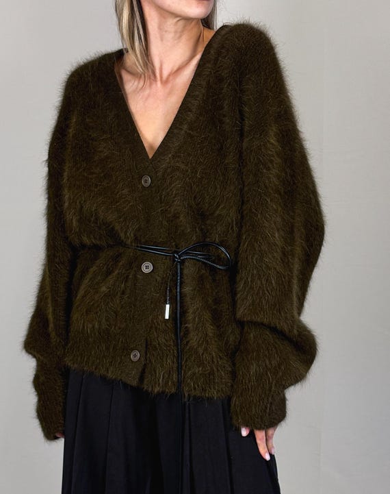 Brown Angora Blend Cardigan: Oversized Knit Sweater