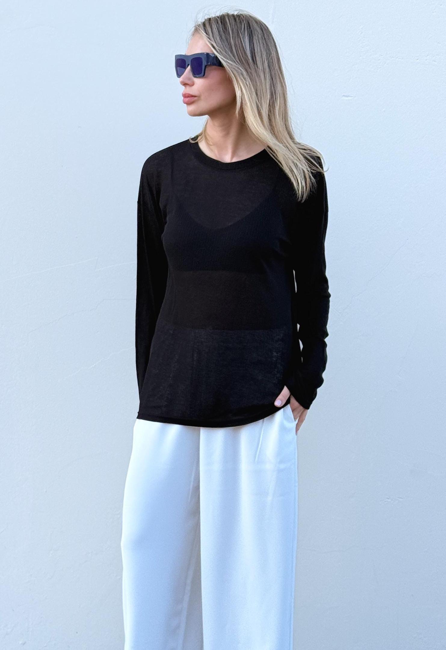 Black Semi-sheer Long Sleeve Top: Loose Knit Shirt - Etsy