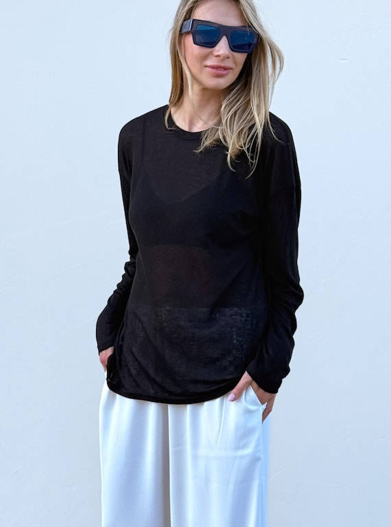 トップス Sheer loose knit tops black Women's Sheer L/S Knit Top in Black – Brixton Australia