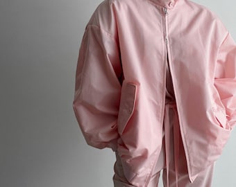 Vintage Style Pink Bomber Jacket: Unisex Oversized Relaxed Fit
