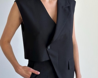 Asymmetrical Black Vest: Sleeveless Blazer Jacket
