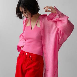 Pink Linen oversized women&#39;s shirt  blouses t-shirt pink color. Pink women shirt. Oversized women linen shirt. Summer women shirt blouses
