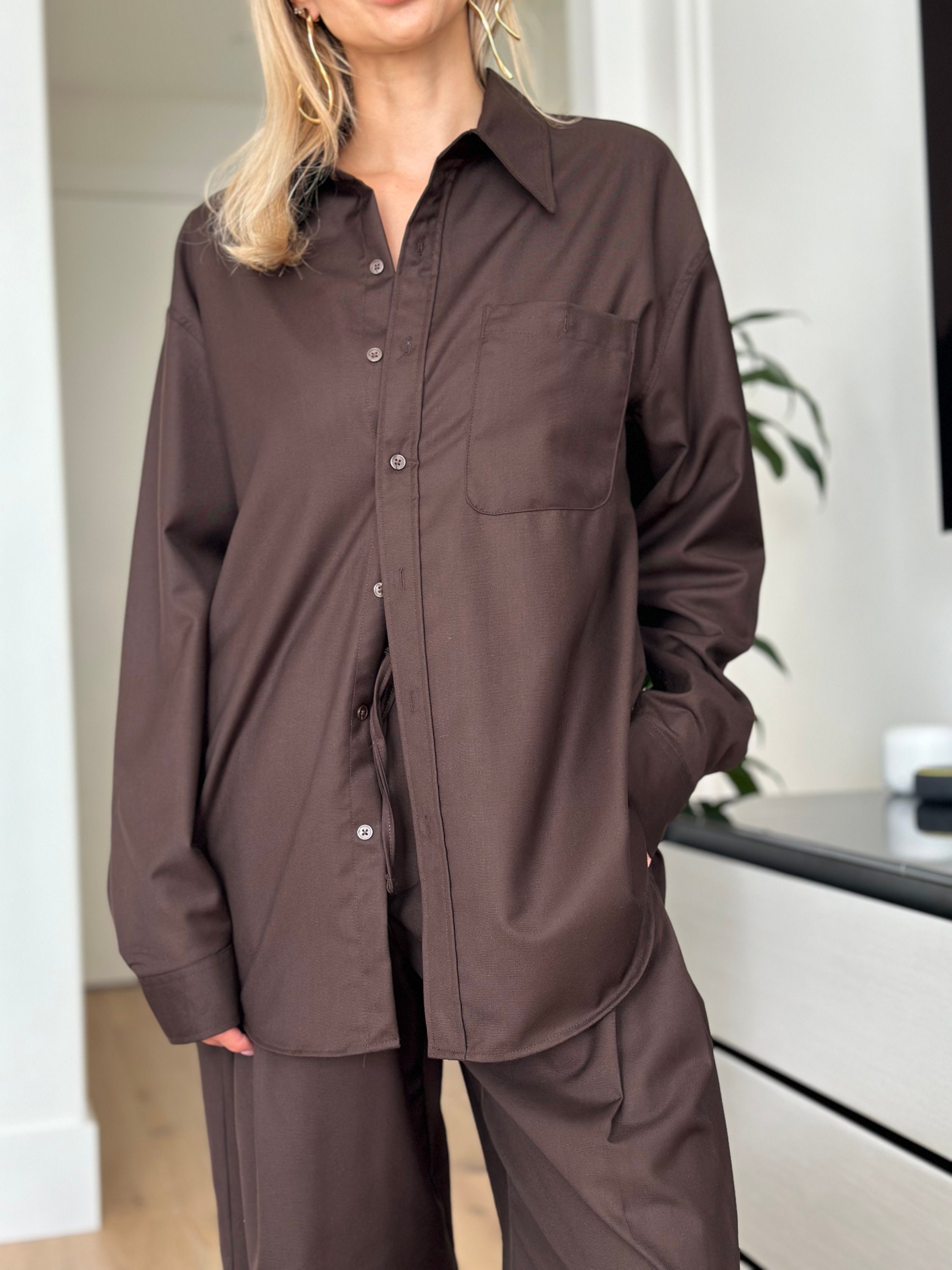 lpa dress shirt LPA Dress Shirt with Waist Tie in Champagne Beige