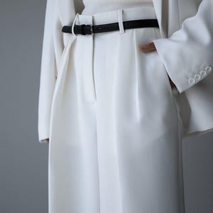 Double pleat belted white pants pleated white pants women suit women&#39;s trouser summer women wide leg pants. Women suit trousers