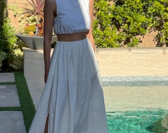 White Linen Two Piece Set: Midi Skirt and Top