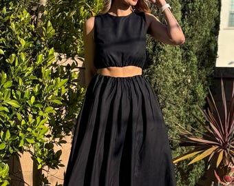Black Linen Two Piece Set: Midi Skirt & Top