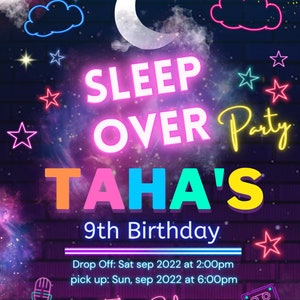 Editable Sleepover Invitation Slumber Party Invitation Sleepover Birthday Invitation Pajama Party Neon Glow Sleepover Party Editable Canva