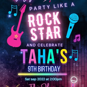Pop Star Birthday Invitation Girl Neon Glow in the Dark Music Party Rainbow Girls Musical Singing Invite Printed Download Editable Template