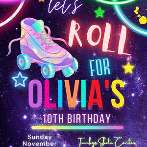 Skate Party Birthday Invitation, Party Invitation, Roller Skating, Retro Neon Lights, Editable Canva Template NEW02