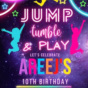 jump tumble & play gymnastics birthday party invitation editable template | girls rainbow gymnastics theme birthday invite instant download