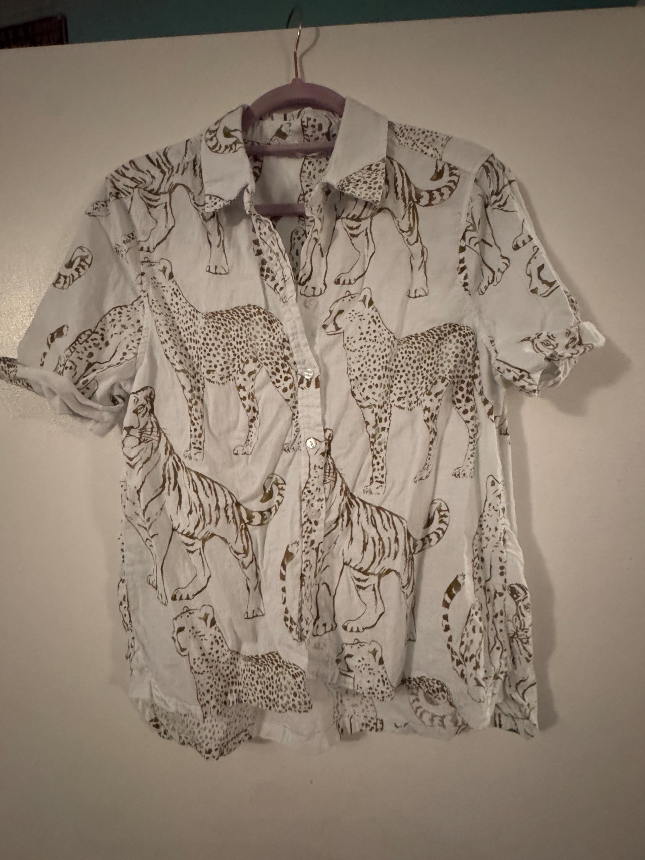 Jane & Delancey White Brown Wild Cat Cheetah Tiger Print Button Down Small