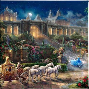 May include: A detailed painting depicts a fairytale scene with a horse-drawn carriage, a grand castle, and a woman in a blue gown. The carriage is ornate and gold, pulled by white horses. The castle has multiple domes and arches, with a staircase leading to the entrance.