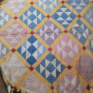 Antique primitive cheddar, red, and indigo stacker or cutter quilt hand pieced and quilted 90&quot;L x 70&quot;W