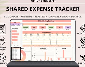May include: A digital shared expense tracker displayed on a laptop screen, featuring a 5 Star Monthly Dashboard with tables for contributions, friend summaries, and financial charts. Icons indicate multi-currency, support, and customization features.