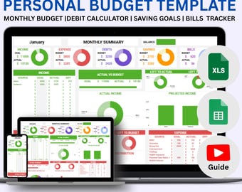 May include: A digital personal budget template displayed on a laptop, tablet, and smartphone. The template includes sections for income, expenses, savings, and bills. Text on the image includes "Personal Budget Template" and "Instant Download".