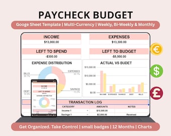 May include: A digital paycheck budget Google Sheet template displayed on a laptop screen and a tablet. The interface features sections for income, expenses, left to spend, left to budget, an expense distribution pie chart, a bar graph, and a transaction log.