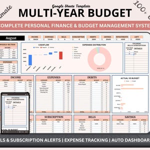 Flerårig budget Google Sheets anpassad valutaplanerare kassaflödesspårare kontosammanfattning sparmål återkommande räkningar instrumentpanelmall
