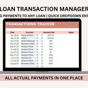 May include: A laptop screen displays a "Transactions Tracker" spreadsheet. The spreadsheet lists dates, accounts, and amounts paid. The text at the top reads "Loan Transaction Manager." The bottom text says "All Actual Payments in One Place."