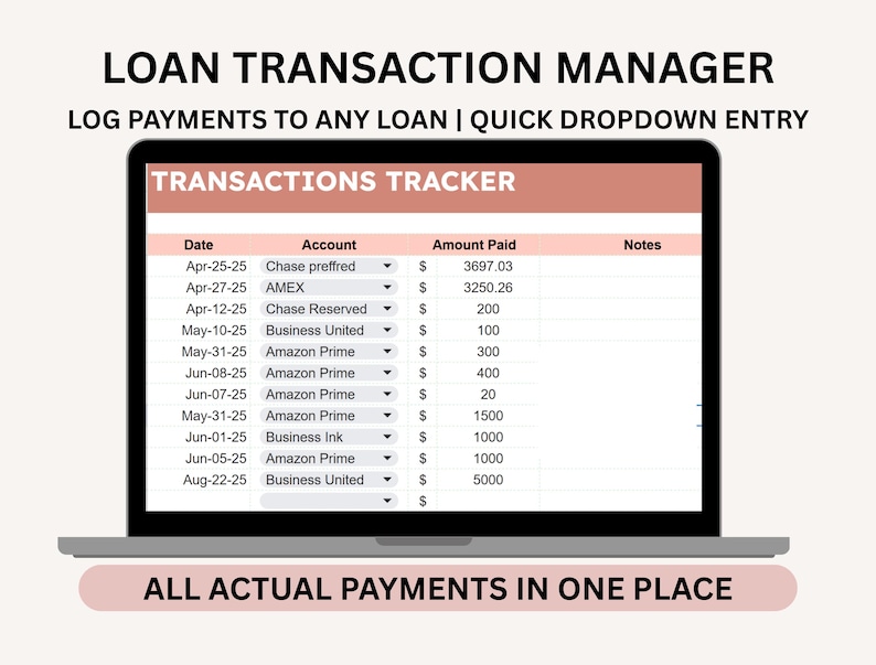 May include: A laptop screen displays a "Transactions Tracker" spreadsheet. The spreadsheet lists dates, accounts, and amounts paid. The text at the top reads "Loan Transaction Manager." The bottom text says "All Actual Payments in One Place."