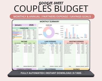 May include: A digital Google Sheet template for a couples budget displayed on a laptop screen. The interface features a monthly summary, cashflow pie charts, bar graphs, and detailed expense tracking tables for income, Luke, and Kristine.
