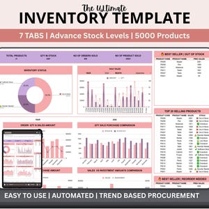 May include: A digital inventory template displayed on a laptop screen, featuring the text The Ultimate Inventory Template, 7 Tabs, Advance Stock Levels, 5000 Products, Easy to Use, Automated, and Trend Based Procurement with various data charts.