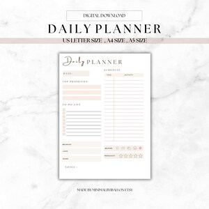 Planificador diario l Horario diario I Tamaños A4, A5, Carta de EE. UU. l Planificador imprimible para productividad y organización / Descarga instantánea